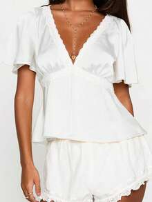 Women Lace Trim Tops  V Neck Split Short Sleeve Ruffle Shirts Casual Summer Streetwear - trắng - Xem 6
