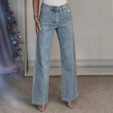 [Fashionable Beaded Jeans] Women's Fashionable Street Style Beaded Jeans| Unique Beaded Design, Classic Diagonal Pocket, Zipper Closure, Straight Pants - A Pair Of Jeans With Bright Charm - 淺藍色 - 查看 4