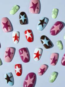 24片椭圆星形美甲贴纸，法式亚克力材质，完美贴合指尖，套装包含：1瓶果冻胶和1把指甲锉。棕色系情人节主题美甲贴纸，让您的指尖闪耀动人，适合派对、跳舞和日常使用。 - 查看 3