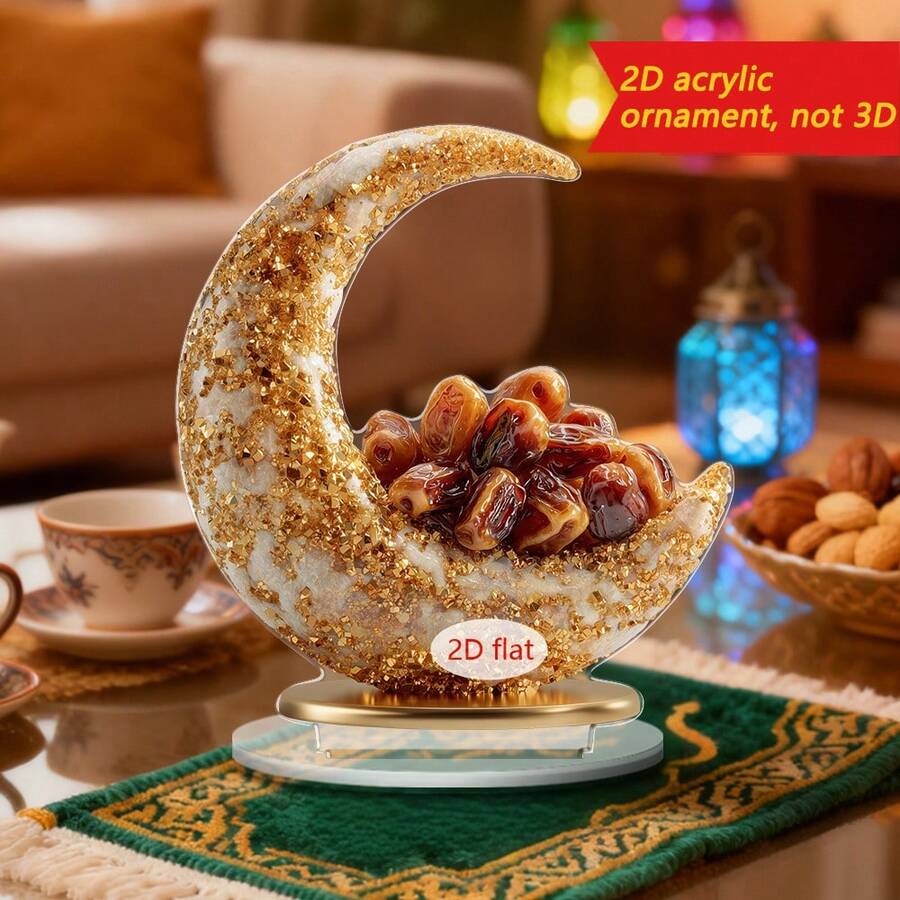 1/2pcs Bohemia Acrylic Ornament 2D Flat Golden Moon With Dates Fruit Palm Tree Teapot Pattern For Home Tabletop Decor Muslim Islamic Holiday Party Supplies Living Room Bedroom Office Shelf Display Art Craft - Multicolor - View 1