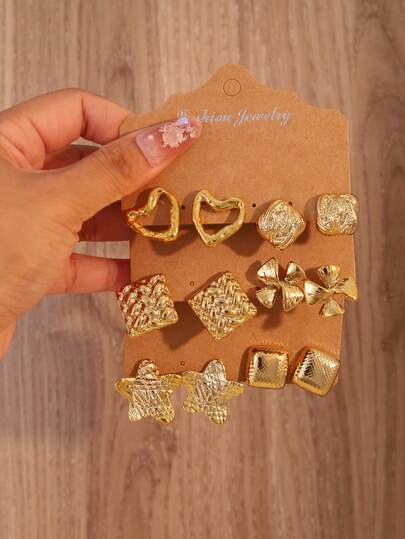 2-6 pares de pendientes con volantes, volantes con forma de corazón + cuadrado con puntos + mariposa estrella, 6 estilos para mezclar y combinar, tono dorado vintage que favorece