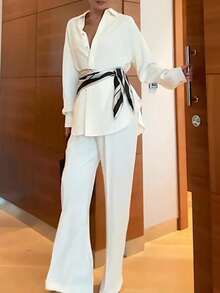 女士休闲通勤衬衫裤套装，长袖翻领贝壳扣衬衫+阔腿裤两件套，纯色休闲前扣办公日常穿着，春夏款 - 杏色 - 查看 9