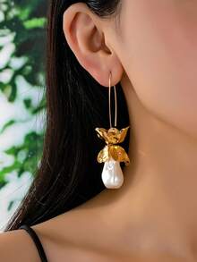 1 Pair Metal Flower & Pearl Dangle Earrings, New Luxury Elegant Classic Versatile Earrings - Flower Pearl Earrings - View 3