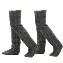 两双毛绒过膝袜，男女通用，保暖柔软，秋冬季大腿袜