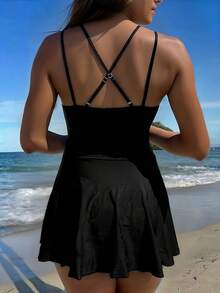 Costume da bagno elegante monospalla monocromatico da donna, scelta perfetta per le vacanze al mare - nero - Visualizzare 2