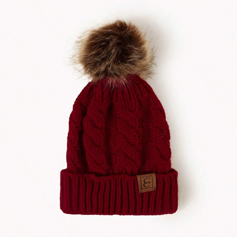 Fashionable & Cute Unisex Cable Knit Beanie Hat/Knit Cap With Faux Fur Pom Pom, Thick Ear Flap Design, Suitable For Spring Outings, Matching Spring Outfits, Outdoor Activities, Commuting, School, Work, Spring Travel, Hiking, Cycling, Ideal For Sweet Girls/Ladies, Great Gift For Mom/Mother's Day,Summer,Beach - White - View 1