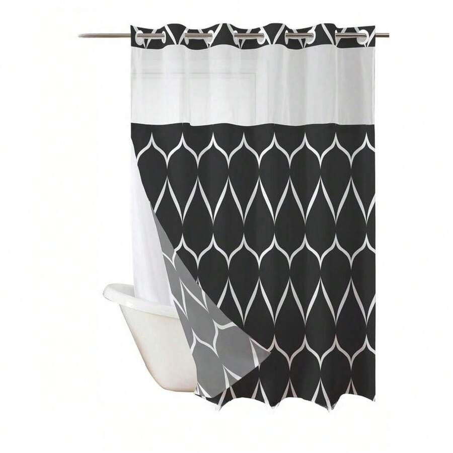 Geometric Wavy Shower Curtain Without Hooks, Double-Layer Shower Curtain With Inner Lining, Soft Polyester Fabric, Fashionable And Simple Style Home Decoration, Bathroom Accessory, 72x75in - 黑色 - 查看 1