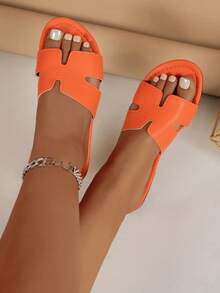 女士平底凉鞋，花卉图案，百搭黑色，休闲露趾，2025夏季新款，蝴蝶结装饰，休闲沙滩拖鞋，塑料拖鞋 - 橘色 - 查看 3