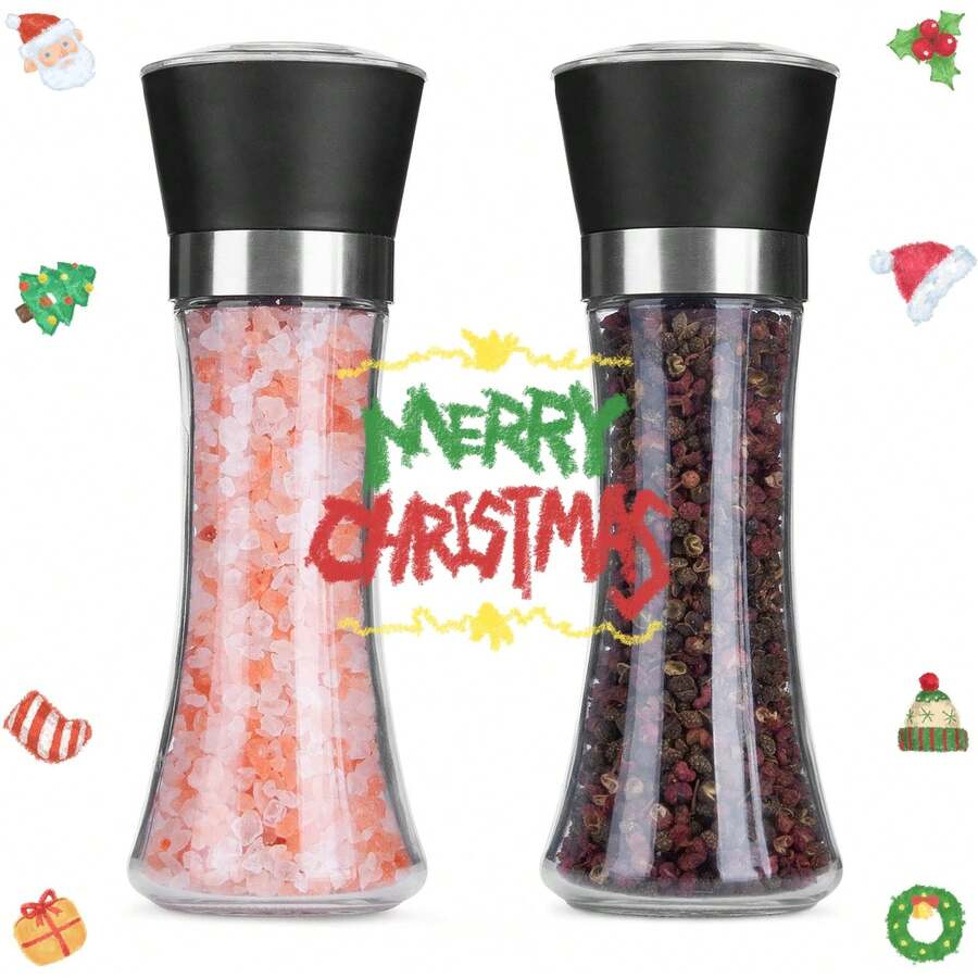 Premium Pepper And Salt Grinder Set Of 2-Refillable Coarseness Adjustable Pepper Mill Shaker With Glass Body For Home,Kitchen(Two Pack) - 黑色 - 查看 1