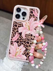 Capa para celular resistente a impactos com estampa de lírio rosa e leopardo sexy, com cordão estiloso, compatível com iPhone 11, 12, 13, 14, 15, 16, 13 Pro Max, 16 Plus, XR, 7, 8 Plus, 17 Pro Max, Air, 15 Pro Max e outros modelos. - Rosa com cordão - Ver 3