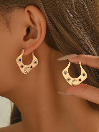 1 Pair Bohemian Style Elegant Versatile Star & Moon Pattern Colorful Rhinestone Decorated Women Earrings, Suitable For Daily Wear, Commuting, Gifts, Festivals, Matching Casual Outfits