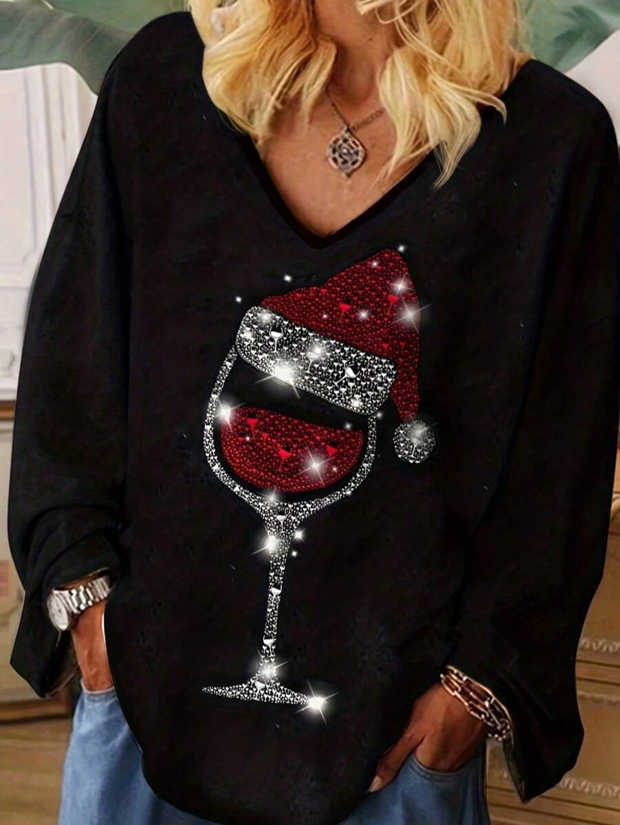 Christmas Hat & Goblet Print Drop Shoulder Tee