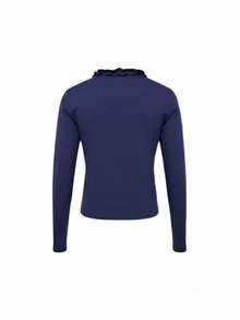 Casual New Design Lace-Up Bow Tie 2 In 1 Ruffle Hem T-Shirt For Women, Valentine's Day, Spring/Summer - Navy Blue - View 10