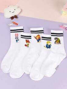 5 Pairs Decorative Socks, Featuring Judy Hopps And Nick Wilde Cartoon Designs, Girls' Mid-Calf Socks, Korean Cartoon Style, Suitable For Spring, Summer, Autumn,Winter - Multicolor - View 1