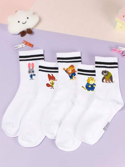 Zootopia 5 Pairs Decorative Socks, Featuring Judy Hopps And Nick Wilde Cartoon Designs, Girls' Mid-Calf Socks, Korean Cartoon Style, Suitable For Spring, Summer, Autumn,Winter