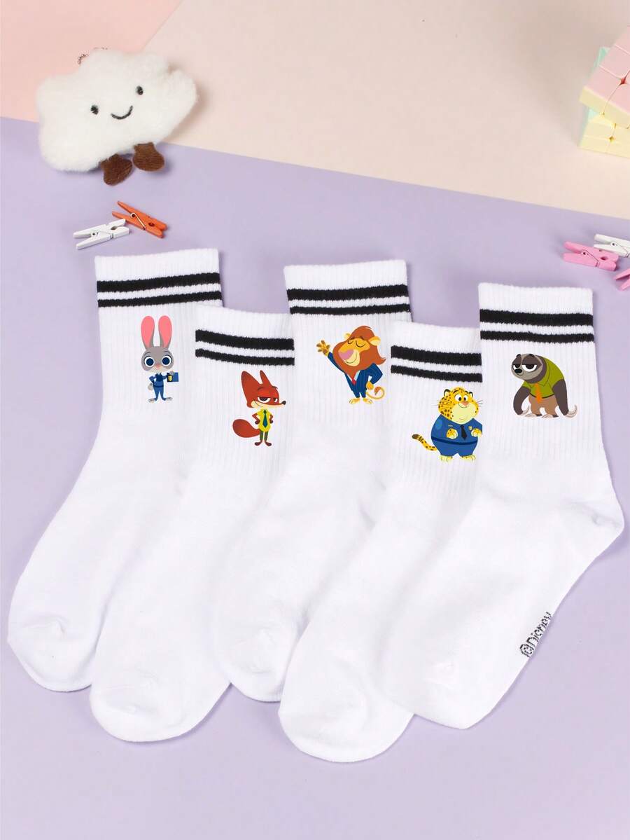 5 Pairs Decorative Socks, Featuring Judy Hopps And Nick Wilde Cartoon Designs, Girls' Mid-Calf Socks, Korean Cartoon Style, Suitable For Spring, Summer, Autumn,Winter - Multicolor - View 1