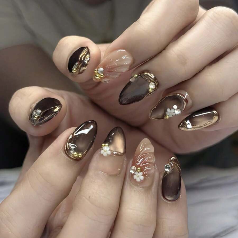 2026hot-Brown Cat Eye Press On Nails - Short Almond Magnetic 3D Glitter False Nails, Unique Holographic Manicure Set - JP4085 - 查看 1