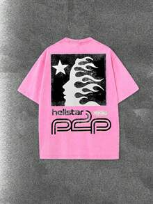 Worn-Out Washed Men's Short-Sleeved Shirt, Featuring A Pink Meteor Flame Human Face Silhouette Pattern In Letters On A Double-Sided Print, Retro Casual Loose Men's T-Shirt, Comfortable And Versatile Men's Clothing - 玫紅色 - 查看 3