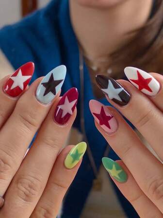 24pcs Short Oval Star Nails Design French Acrylic Press On Nails Short Perfect Fit False Nail Set, Include: 1pc Jelly Glue And 1pc Nail File, Brown Nails & Valentine Nails Make Your Fingertips Shine And Beautiful,Very Suitable For Parties, Dancing And Daily Use
