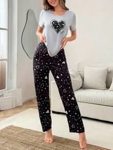 两件套女士舒适休闲印花短袖睡衣裤套装 - 灰色 - 查看 5