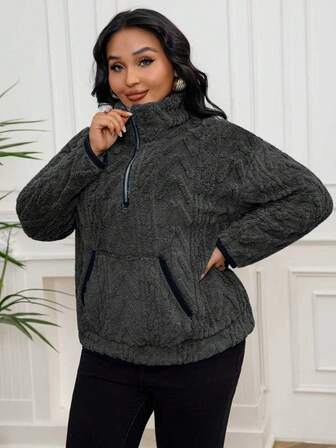 大码秋冬新款欧美风格翻领仿羊毛拉链口袋连帽衫