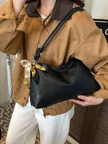 Minimalist Crescent Shoulder Bag, Versatile Crossbody Bag With Scarf Accessory (Scarf Pattern Random), Adjustable Strap, Large Capacity, Suitable For Office Ladies, College Students, And Working Women, Elegant Ladies Shoulder Bag - Black - View 2