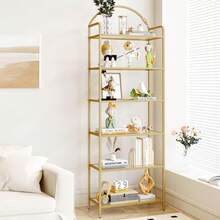 Bookcase Bookshelf, Wide Tempered Glass Bookshelves, Slim Shelving Unit For Bedroom, Bathroom, Home Office, Steel Frame, Gold - Vàng - Xem 3