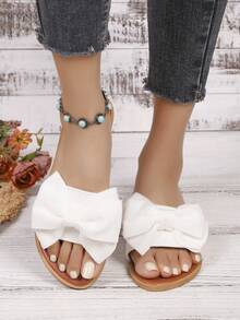 2026 Fashion And Comfortable Fabric Bow Artificial Leather Thickened Midsole Comfortable Square Toe Slippers - White - View 4