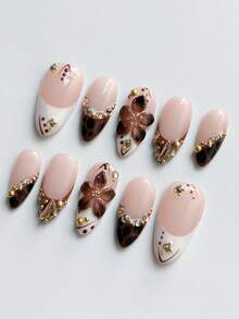 10pcs French Almond Shaped Handmade Press-On Nails, Amber Brown Pattern, White French Tip, 3D Floral Carving, 3D Crystal Decor, Gentle & Elegant Style, Suitable For Women & Girls For Daily Wear, Vacation, Party And Other Occasions In Autumn/Winter Nail Supplies Handmade Press On Nails - Multicolor - View 1