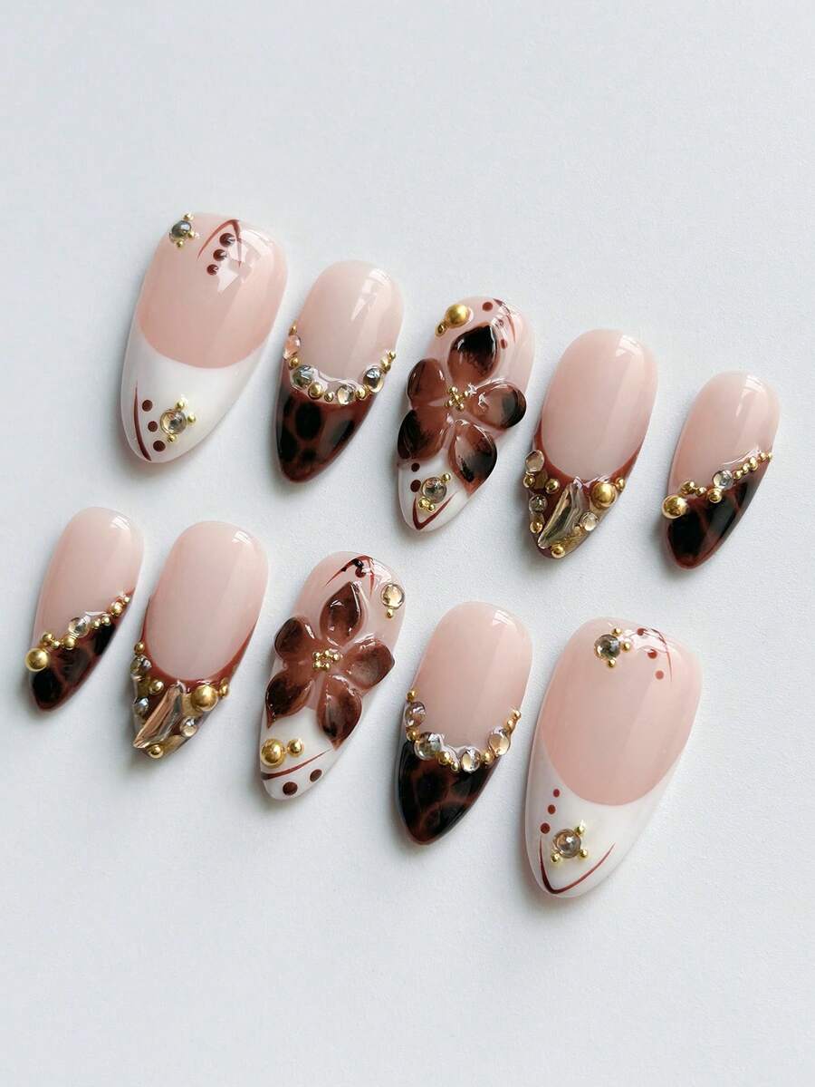 10pcs French Almond Shaped Handmade Press-On Nails, Amber Brown Pattern, White French Tip, 3D Floral Carving, 3D Crystal Decor, Gentle & Elegant Style, Suitable For Women & Girls For Daily Wear, Vacation, Party And Other Occasions In Autumn/Winter Nail Supplies Handmade Press On Nails - Multicolor - View 1