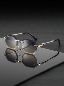 1 Pair Men's Metal Frame Oval Shaped Fashion Glasses, Modern Classic Style, Suitable For Beach, Sunbathing, Patio, Bar - Gold - View 4