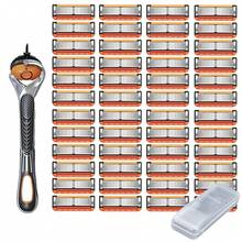 盒装六刀片手动剃须刀 | 盒装手动剃须刀 + 24 片替换刀片 | 男士剃须刀。刀片更换方便，盒装替换刀片。欧美风格，男女通用，防滑条设计，带来顺滑剃须体验，适用于 10 种场合，是日常剃须和脱毛的必备工具。美发工具，旅行，理发师，理发师配件，情人节，美发用品，发型师，理发店，沙龙，度假必备，美发产品，理发店，情人节礼物，女士旅行必备，发型师工具 - 橙色(Shaver + 48 blades) - 查看 3