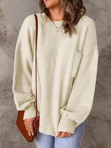 Women's Casual Crew Neck Pullover Solid Color Drop Shoulder Patch Pocket Sweater - Beige - View 2
