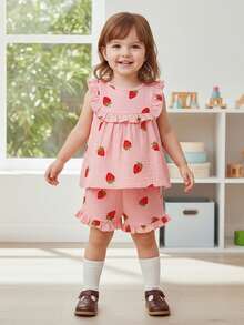 Baby Kids Girls Shorts Set, Strawberry/Cherry Sleeveless Crew Neck Tank Top And Shorts Summer 2-Piece Outfit - Đỏ - Xem 4