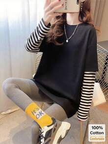 Women's Long Sleeve Crew Neck Basic Top, 2 In 1, Autumn/Winter - Black - View 4