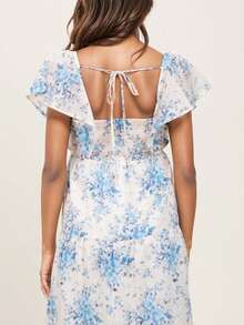 Maternity A-Line Maxi Floral Dress, Ruffle Hem, Short Sleeve Deep V-Neck, Bohemian Style - Light Wash - View 5