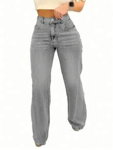 Women's Casual Loose Straight Leg Jeans With Pockets - Light Grey - View 2