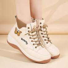 女士厚底时尚靴，系带蝴蝶结侧拉链多功能轻便防滑软底耐穿系带休闲踝靴，秋冬款 - 米棕加絨 - 查看 7