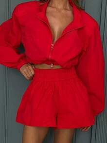 2025 Autumn New Women's Clothing Fashion Temperament Lapel Long-Sleeved Top Shorts Set - Đỏ - Xem 4