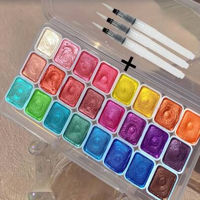 Juego de pintura de acuarela de 24 colores con perlas - Empaque sólido vibrante para pintura china, tanka, caligrafía y obras maestras de color, adecuado para uso artístico profesional
