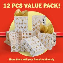 12 Pack Holiday Foil Gold Bags with Tissue Papers and Name Card Tags; Assorted White Winter Prints Party Favors Goody Bags, Xmas Presents, Classrooms and Wrapping Stocking Stuffers. - Aire - Ver 4