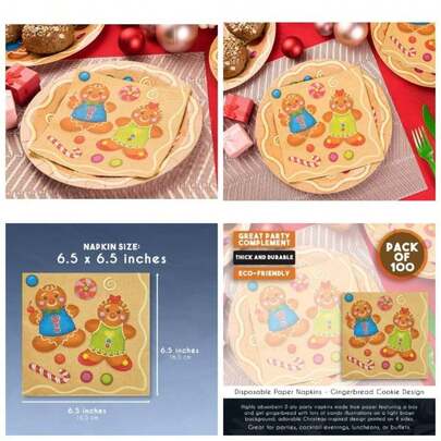 Cocktail Napkins - - Pack Disposable Paper Napkins, Holidays Dinner Party Supplies, 2 - Ply, Cute and Gingerbread Cookie Design, Unfolded 13x 13 Inches, Folded 6.5x 6.5 Inches