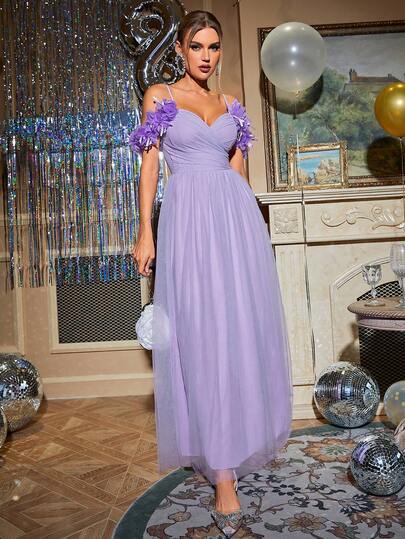 Simplee 女士优雅紫色网纱无袖V领长裙，饰有3D立体花卉图案，适合婚礼、派对等场合，春夏款