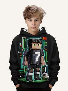 男童时尚印花休闲连帽衫 - 长袖，圆领套头衫，适合春秋季节，酷炫印花