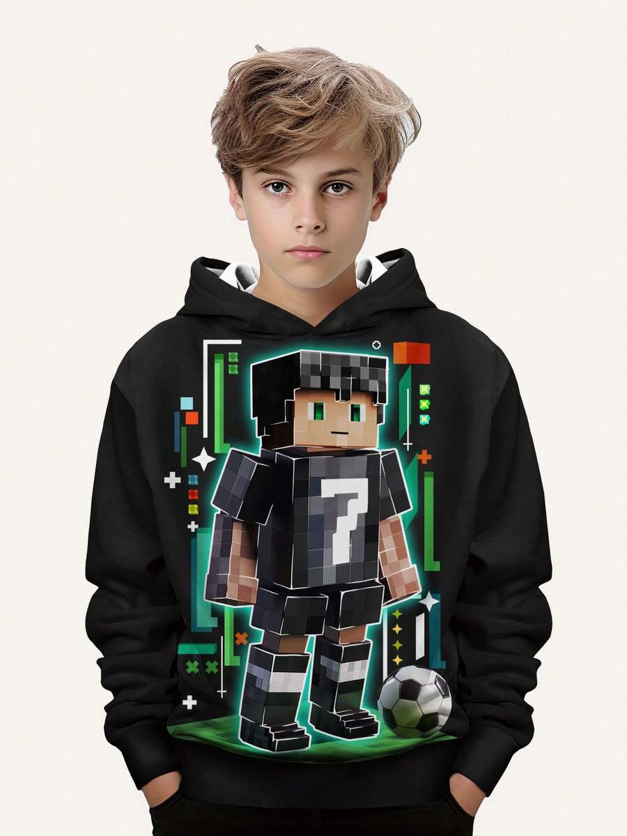 男童时尚印花休闲连帽衫 - 长袖，圆领套头衫，适合春秋季节，酷炫印花