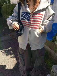 休闲宽松拉链卫衣外套，复古美式街头风 - 灰色 - 查看 3