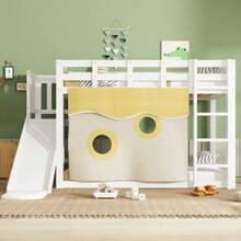 Wooden Bunk Bed With Ladder And Railing, With Curtain, Slide, Fall Protection And Railing, MDF+Pine, White, 90x200cm - 白色 - 查看 3