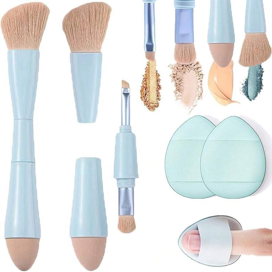 Viaje rochas para maquillaje, Brochas de Viaje, 4 en 1 Juego de brochas de maquillaje, brocha para base de doble punta para base, corrector, cejas, sombra de ojo, con 2 esponjas cosméticas - Azul - Ver 1