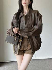 Chaqueta para mujer Chaqueta retro de cuero marrón para mujer - Estilo corto para primavera/otoño Chaqueta de cuero holgada estilo coreano para mujeres bajitas Chaqueta motera elegante con cremallera, cuello vuelto, botones y bolsillos Chaqueta de cuero informal y desenfadada de corte holgado - Marrón - Ver 8