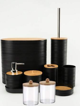 10pcs Bamboo Bathroom Accessories Set, Includes Toilet Brush, Trash Can, Soap Dish, Soap Dispenser, Tumbler, Toothbrush Holder, Cotton Swab Box, Tray, Suitable For Living Room, Hotel, Bathroom Countertop Decor, Gift For Loved Ones And Friends, Housewarming Gift, Bathroom Accessories